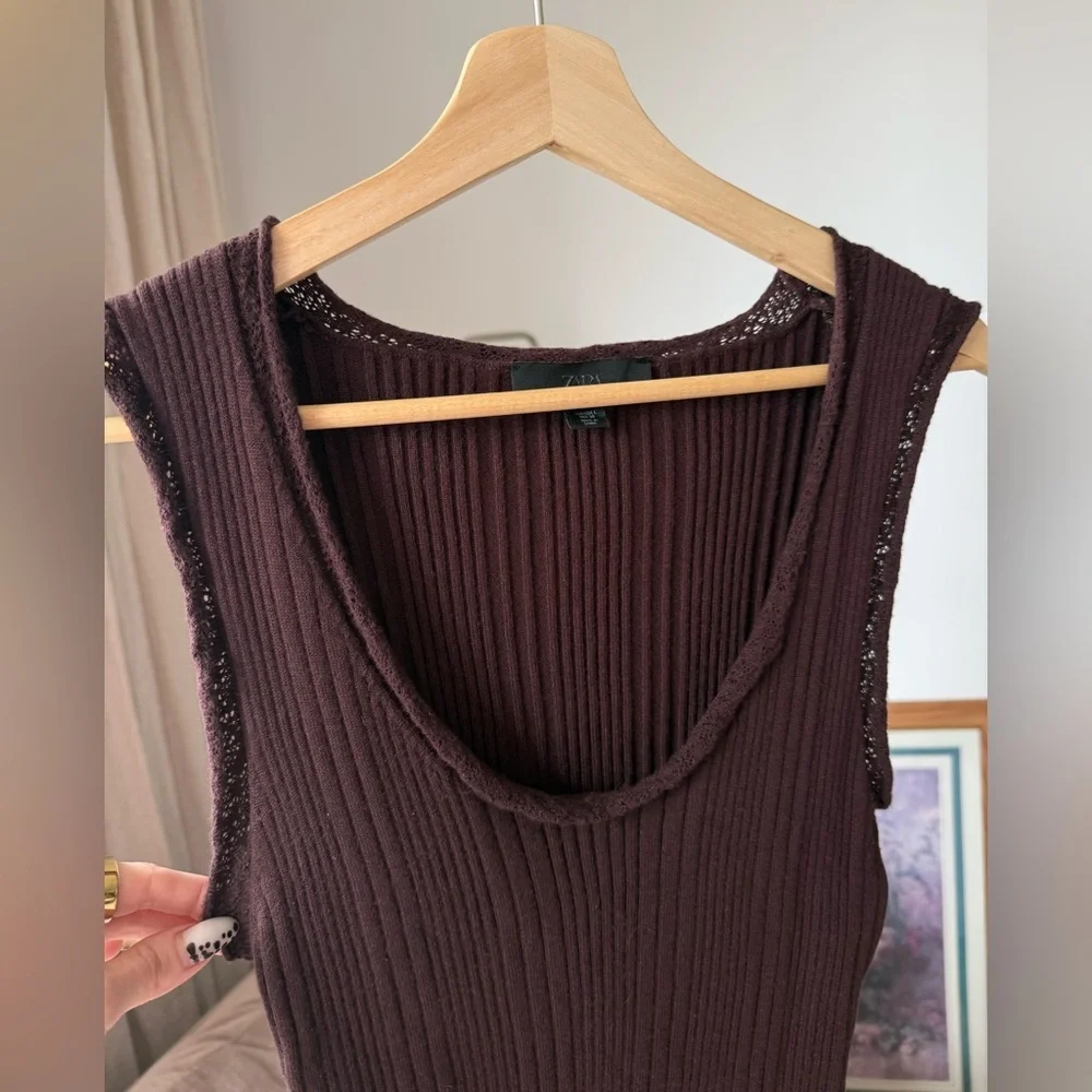 Zara Ribbed Knit Top Chocolate Brown Fitted Minimal Chic, L